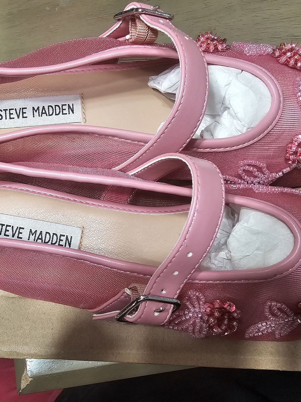 Steve Madden Pink Floral Beaded Mary Jane Flats